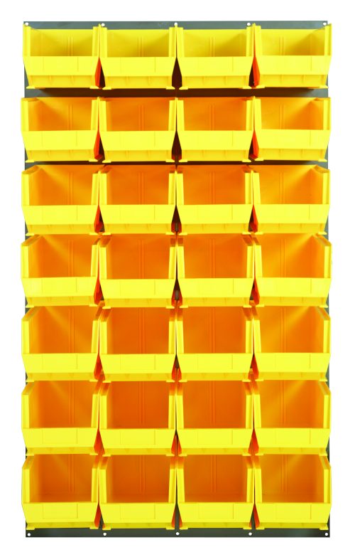 The Quantum Louvered Panel is a wall-mounted storage system with clear bins, made from heavy-duty 16 gauge cold rolled steel and finished in gray enamel. Measuring 36L x 15D x 61H, it includes (28) QUS240 bins for easy tool sorting with convenient handles. Mounting hardware is not included.