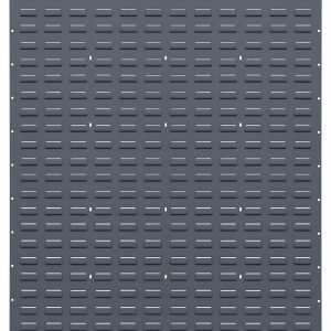 The Quantum Louvered Panel is a wall-mounted, heavy-duty 16-gauge cold-rolled steel panel, measuring 36L x 61H, featuring a gray enamel-coated finish with rectangular slots and round mounting holes on the edges. Mounting hardware is not included.