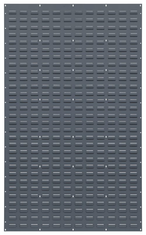 The Quantum Louvered Panel is a wall-mounted, heavy-duty 16-gauge cold-rolled steel panel, measuring 36L x 61H, featuring a gray enamel-coated finish with rectangular slots and round mounting holes on the edges. Mounting hardware is not included.