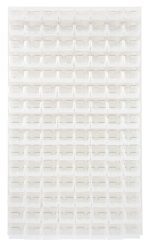 A wall-mounted Quantum Louvered Panel, measuring 36L x 8D x 61H and featuring an oyster white enamel finish, holds a grid of clear QUS220 bins.