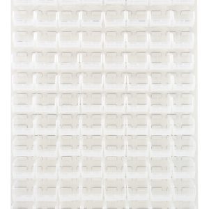 A wall-mounted Quantum Louvered Panel, measuring 36L x 8D x 61H and featuring an oyster white enamel finish, holds a grid of clear QUS220 bins.