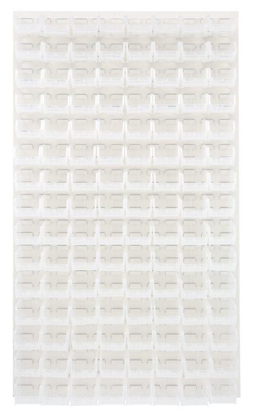 A wall-mounted Quantum Louvered Panel, measuring 36L x 8D x 61H and featuring an oyster white enamel finish, holds a grid of clear QUS220 bins.