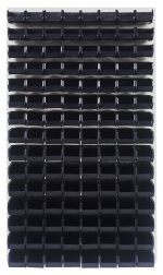 A Quantum Louvered Panel mounts 120 stackable black Qus220 bins of heavy-duty 16 gauge cold rolled steel, measuring 36L x 8D x 61H, vertically aligned on an oyster white enamel finish backdrop.