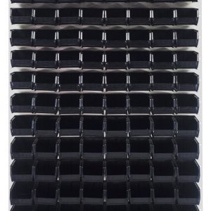 A Quantum Louvered Panel mounts 120 stackable black Qus220 bins of heavy-duty 16 gauge cold rolled steel, measuring 36L x 8D x 61H, vertically aligned on an oyster white enamel finish backdrop.