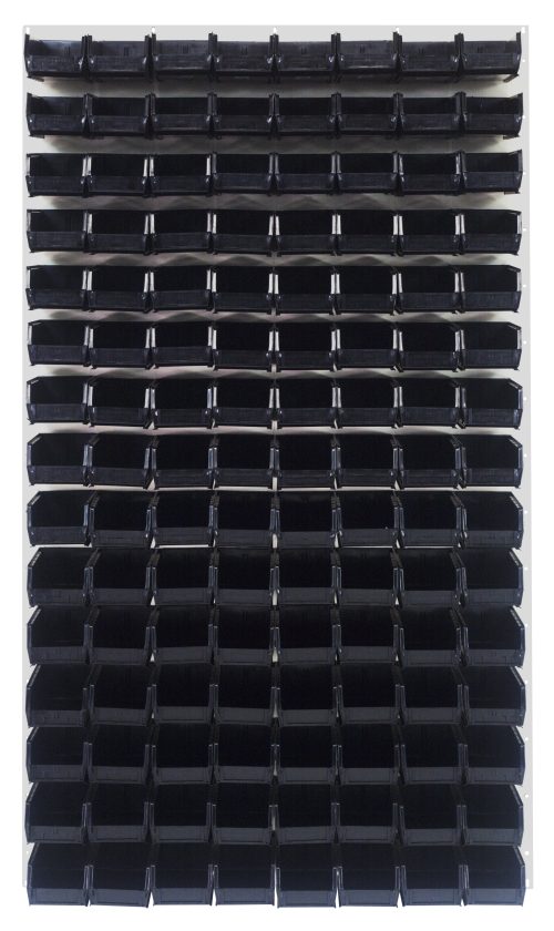 QLP-3661HC-220-120_BK.jpg A Quantum Louvered Panel mounts 120 stackable black Qus220 bins of heavy-duty 16 gauge cold rolled steel, measuring 36L x 8D x 61H, vertically aligned on an oyster white enamel finish backdrop.