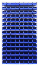 The Quantum Louvered Panel wall-mounted storage system, measuring 36L x 8D x 61H, is made from heavy-duty 16 gauge cold rolled steel with an oyster white enamel finish. It includes 120 blue QUS220 bins for organizing small parts or tools. (Mounting hardware not included.).