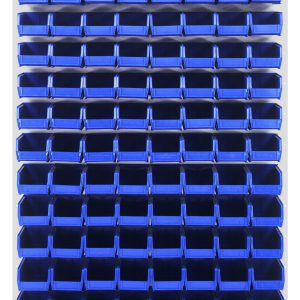 The Quantum Louvered Panel wall-mounted storage system, measuring 36L x 8D x 61H, is made from heavy-duty 16 gauge cold rolled steel with an oyster white enamel finish. It includes 120 blue QUS220 bins for organizing small parts or tools. (Mounting hardware not included.).