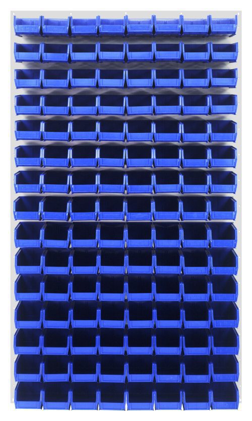 The Quantum Louvered Panel wall-mounted storage system, measuring 36L x 8D x 61H, is made from heavy-duty 16 gauge cold rolled steel with an oyster white enamel finish. It includes 120 blue QUS220 bins for organizing small parts or tools. (Mounting hardware not included.).