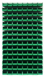 The Quantum Louvered Panel, 36L x 8D x 61H, wall mounted and crafted from heavy-duty 16 gauge cold rolled steel with an oyster white enamel finish, features a grid of 120 clear bins for organizing and storage.