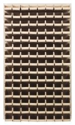 The Quantum Louvered Panel forms a wall-mounted storage unit with 120 clear bins, measuring 36L x 8D x 61H. It features heavy-duty 16 gauge cold-rolled steel in an oyster white enamel finish, perfect for creating an organized, durable solution. Mounting hardware not included.