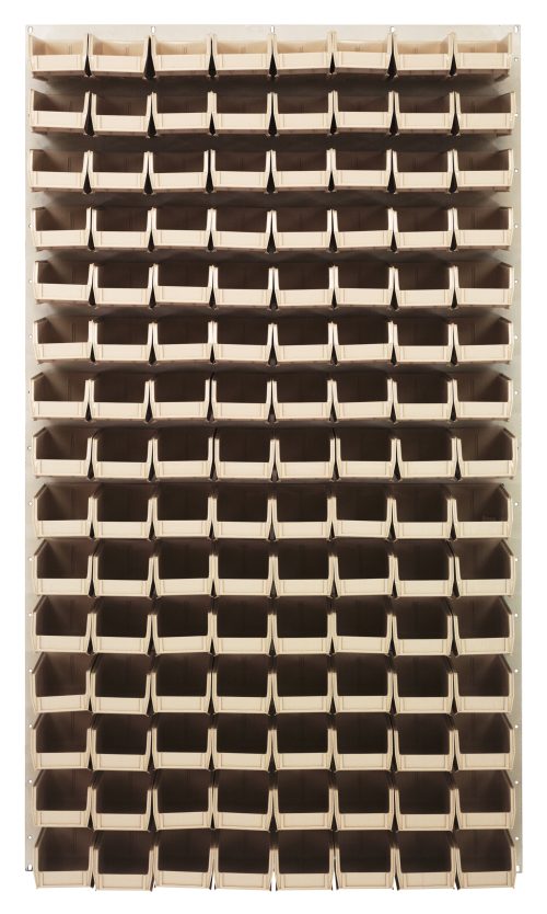 The Quantum Louvered Panel forms a wall-mounted storage unit with 120 clear bins, measuring 36L x 8D x 61H. It features heavy-duty 16 gauge cold-rolled steel in an oyster white enamel finish, perfect for creating an organized, durable solution. Mounting hardware not included.