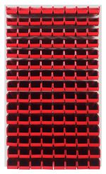 The Quantum Louvered Panel is a wall-mounted grid for small parts, featuring 120 clear Qus220 bins. Made from heavy-duty 16-gauge cold-rolled steel with an oyster white enamel finish, it measures 36L x 8D x 61H. Bins are open at the top for easy access. Mounting hardware not included.