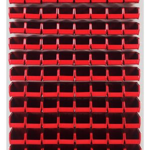 The Quantum Louvered Panel is a wall-mounted grid for small parts, featuring 120 clear Qus220 bins. Made from heavy-duty 16-gauge cold-rolled steel with an oyster white enamel finish, it measures 36L x 8D x 61H. Bins are open at the top for easy access. Mounting hardware not included.