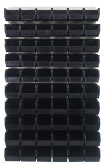 The Quantum Louvered Panel is a wall-mounted storage system measuring 36L x 11D x 61H, featuring a sturdy build from heavy-duty 16 gauge cold rolled steel with an oyster white enamel finish. It includes 60 black QUS230 bins arranged in a grid pattern for optimal durability and organization.