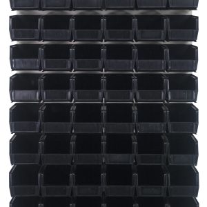 The Quantum Louvered Panel is a wall-mounted storage system measuring 36L x 11D x 61H, featuring a sturdy build from heavy-duty 16 gauge cold rolled steel with an oyster white enamel finish. It includes 60 black QUS230 bins arranged in a grid pattern for optimal durability and organization.