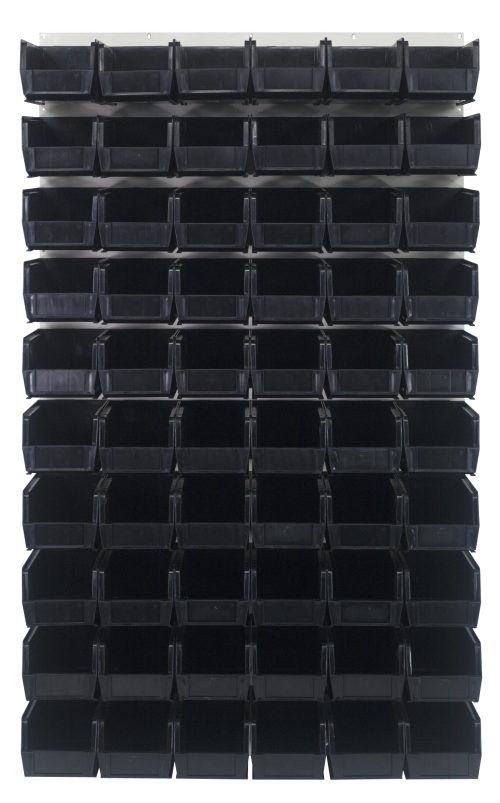 The Quantum Louvered Panel is a wall-mounted storage system measuring 36L x 11D x 61H, featuring a sturdy build from heavy-duty 16 gauge cold rolled steel with an oyster white enamel finish. It includes 60 black QUS230 bins arranged in a grid pattern for optimal durability and organization.