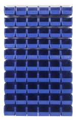 The Quantum Louvered Panel is a heavy-duty wall-mounted organizer made from 16 gauge cold rolled steel. It measures 36L x 11D x 61H and includes 60 blue Qus230 bins. The organizer features an oyster white enamel coated finish for a sleek contrast against plain backgrounds. Mounting hardware is not included.