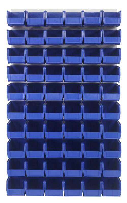 The Quantum Louvered Panel is a heavy-duty wall-mounted organizer made from 16 gauge cold rolled steel. It measures 36L x 11D x 61H and includes 60 blue Qus230 bins. The organizer features an oyster white enamel coated finish for a sleek contrast against plain backgrounds. Mounting hardware is not included.
