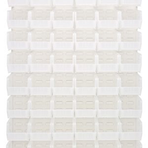 The image features the Quantum Louvered Panel, a 36L x 11D x 61H wall-mounted storage system, accommodating (60) QUS230 clear bins in a sleek grid. Made of heavy-duty 16-gauge cold-rolled steel with an oyster white enamel finish, its ideal for organizing small items.