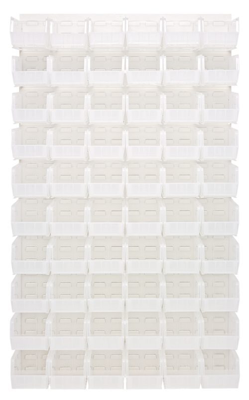 The image features the Quantum Louvered Panel, a 36L x 11D x 61H wall-mounted storage system, accommodating (60) QUS230 clear bins in a sleek grid. Made of heavy-duty 16-gauge cold-rolled steel with an oyster white enamel finish, its ideal for organizing small items.