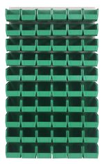 The Quantum Louvered Panel is a wall-mounted storage rack measuring 36L x 11D x 61H, featuring heavy-duty cold rolled steel construction with an oyster white enamel finish. It includes sixty clear QUS230 bins, perfect for organizing small parts or tools efficiently. Mounting hardware not included.