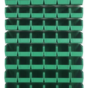 The Quantum Louvered Panel is a wall-mounted storage rack measuring 36L x 11D x 61H, featuring heavy-duty cold rolled steel construction with an oyster white enamel finish. It includes sixty clear QUS230 bins, perfect for organizing small parts or tools efficiently. Mounting hardware not included.