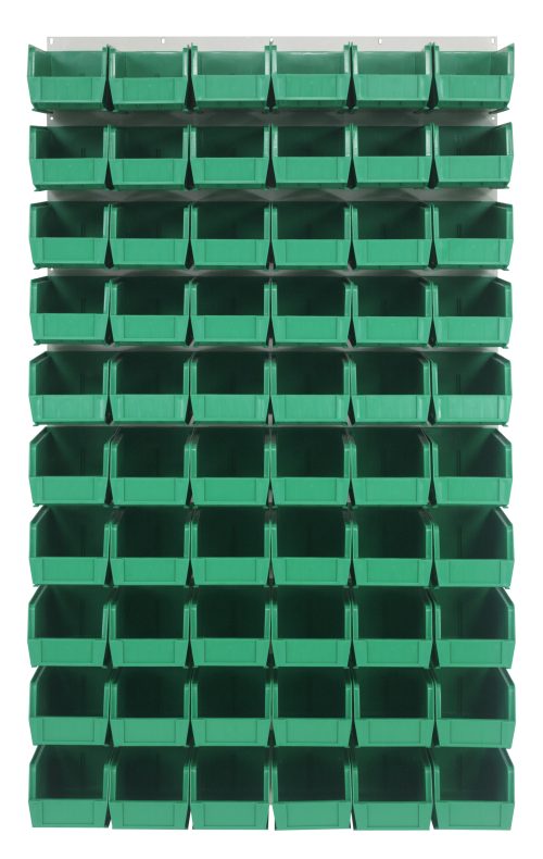 The Quantum Louvered Panel is a wall-mounted storage rack measuring 36L x 11D x 61H, featuring heavy-duty cold rolled steel construction with an oyster white enamel finish. It includes sixty clear QUS230 bins, perfect for organizing small parts or tools efficiently. Mounting hardware not included.