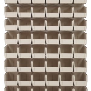 The Quantum Louvered Panel is a wall-mounted, oyster white storage organizer with 60 clear bins. Made of heavy-duty 16-gauge cold-rolled steel, it measures 36L x 11D x 61H and is perfect for organizing screws, nuts, or craft supplies. Mounting hardware not included.