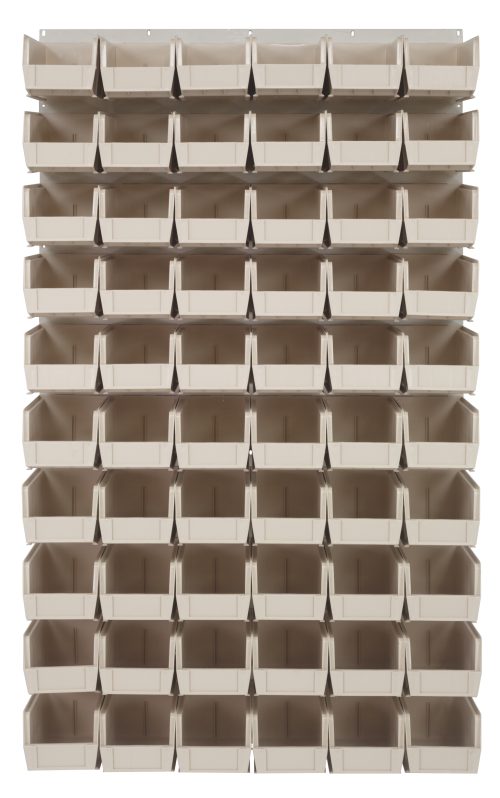 The Quantum Louvered Panel is a wall-mounted, oyster white storage organizer with 60 clear bins. Made of heavy-duty 16-gauge cold-rolled steel, it measures 36L x 11D x 61H and is perfect for organizing screws, nuts, or craft supplies. Mounting hardware not included.