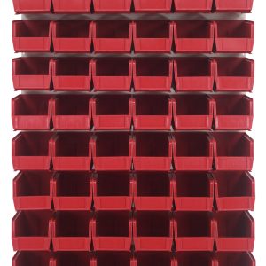 The Quantum Louvered Panel wall-mounted storage system, measuring 36L x 11D x 61H, includes (60) Qus230 clear bins. Made from heavy-duty 16 gauge cold rolled steel with an oyster white enamel finish, it provides organized compartments for small items or tools.