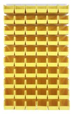 The Quantum Louvered Panel storage system, measuring 36L x 11D x 61H, includes sixty Qus230 clear bins. Made from heavy-duty 16-gauge cold-rolled steel with an oyster white enamel finish, it offers a space-efficient solution for organizing small items. Mounting hardware not included.