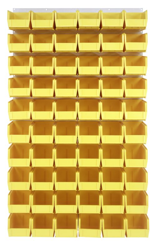 The Quantum Louvered Panel storage system, measuring 36L x 11D x 61H, includes sixty Qus230 clear bins. Made from heavy-duty 16-gauge cold-rolled steel with an oyster white enamel finish, it offers a space-efficient solution for organizing small items. Mounting hardware not included.