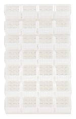 A Quantum Louvered Panel, wall-mounted and measuring 36L x 15D x 61H, features 28 clear Qus240 bins. The heavy-duty panel is made of 16-gauge cold-rolled steel with an oyster white enamel finish, displayed against a plain white background (mounting hardware not included).