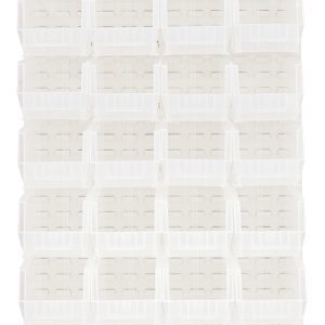 A Quantum Louvered Panel, wall-mounted and measuring 36L x 15D x 61H, features 28 clear Qus240 bins. The heavy-duty panel is made of 16-gauge cold-rolled steel with an oyster white enamel finish, displayed against a plain white background (mounting hardware not included).