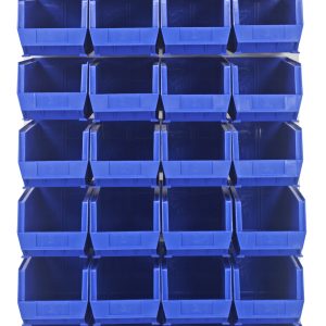 The Quantum Louvered Panel is a wall-mounted storage unit measuring 36L x 15D x 61H, featuring 28 blue Qus240 bins in a grid for easy access. Made from heavy-duty 16-gauge cold rolled steel with an oyster white enamel finish, its isolated on a white background.