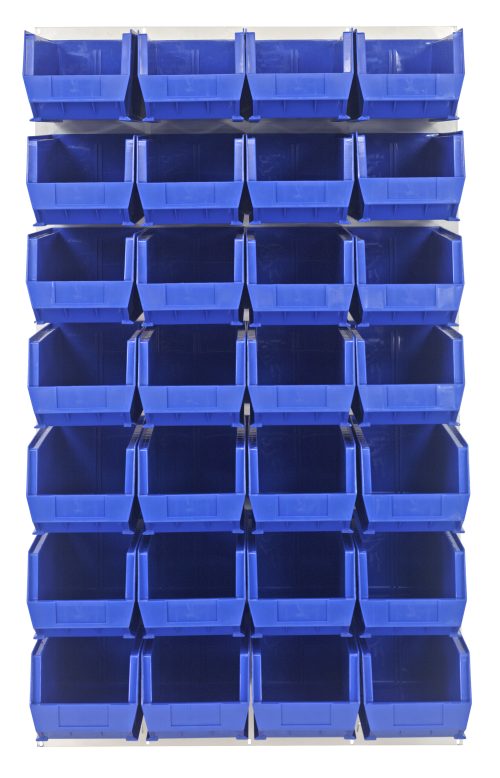 QLP-3661HC-240-28_BL.jpg The Quantum Louvered Panel is a wall-mounted storage unit measuring 36L x 15D x 61H, featuring 28 blue Qus240 bins in a grid for easy access. Made from heavy-duty 16-gauge cold rolled steel with an oyster white enamel finish, its isolated on a white background.