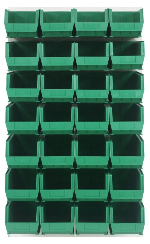 QLP-3661HC-240-28_GN.jpg An array of 28 clear bins on a Quantum Louvered Panel (36L x 15D x 61H) with heavy-duty 16-gauge cold rolled steel is neatly organized for front access against an oyster white enamel-coated backdrop, enhancing organizational visibility.