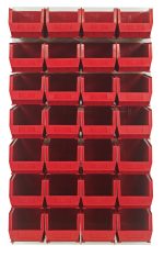 A wall-mounted Quantum Louvered Panel in oyster white, measuring 36L x 15D x 61H, includes 28 clear Qus240 bins. Its heavy-duty 16 gauge cold rolled steel construction ensures durability while open-front bins provide easy access to items. Mounting hardware not included.