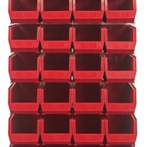 A wall-mounted Quantum Louvered Panel in oyster white, measuring 36L x 15D x 61H, includes 28 clear Qus240 bins. Its heavy-duty 16 gauge cold rolled steel construction ensures durability while open-front bins provide easy access to items. Mounting hardware not included.