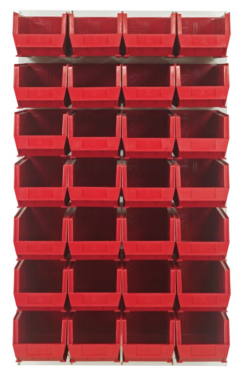 QLP-3661HC-240-28_RD.jpg A wall-mounted Quantum Louvered Panel in oyster white, measuring 36L x 15D x 61H, includes 28 clear Qus240 bins. Its heavy-duty 16 gauge cold rolled steel construction ensures durability while open-front bins provide easy access to items. Mounting hardware not included.