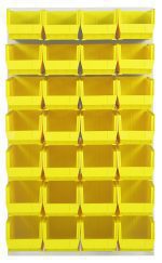 Image of a Quantum Louvered Panel wall-mounted organizer, 36L x 15D x 61H, made from heavy-duty 16 gauge cold rolled steel with an oyster white enamel finish. It includes 28 clear Qus240 bins for easy access to stored items.