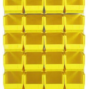 Image of a Quantum Louvered Panel wall-mounted organizer, 36L x 15D x 61H, made from heavy-duty 16 gauge cold rolled steel with an oyster white enamel finish. It includes 28 clear Qus240 bins for easy access to stored items.