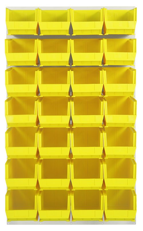 QLP-3661HC-240-28_YL.jpg Image of a Quantum Louvered Panel wall-mounted organizer, 36L x 15D x 61H, made from heavy-duty 16 gauge cold rolled steel with an oyster white enamel finish. It includes 28 clear Qus240 bins for easy access to stored items.