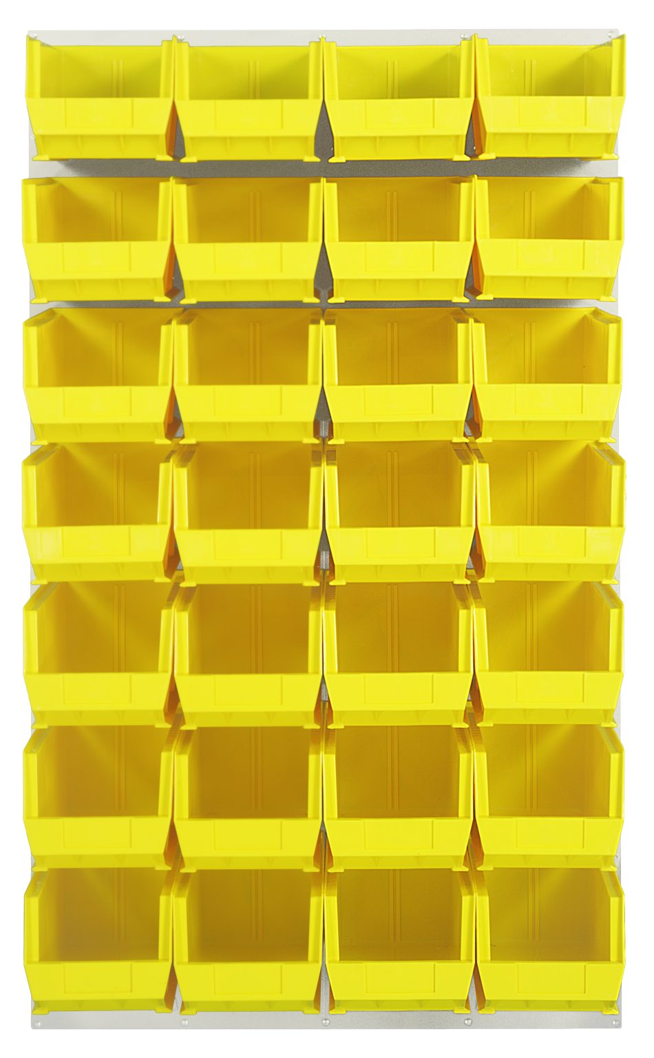 Wall-mounted Quantum louvered panel holding a grid of yellow hang-and-stack bins