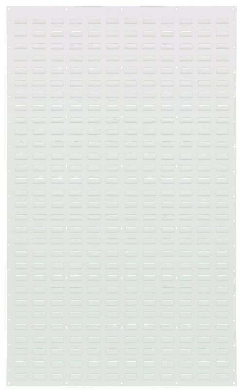 The Quantum Louvered Panel, a wall-mounted 36L x 61H heavy-duty panel made from 16 gauge cold rolled steel with an oyster white enamel finish, features a grid of rectangular slots evenly spaced across its surface.