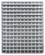 A wall-mounted Quantum Louvered Panel measures 48L x 8D x 61H and features a grid of 165 clear bins arranged neatly on durable, gray enamel-coated heavy-duty 16-gauge cold rolled steel. Each bin includes a white label holder. Mounting hardware is not included.