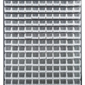 A wall-mounted Quantum Louvered Panel measures 48L x 8D x 61H and features a grid of 165 clear bins arranged neatly on durable, gray enamel-coated heavy-duty 16-gauge cold rolled steel. Each bin includes a white label holder. Mounting hardware is not included.