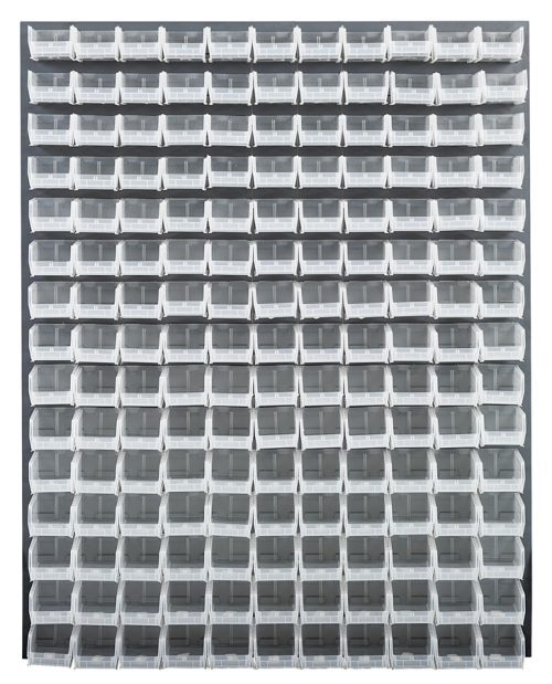 QLP-4861-220-165CL.jpg A wall-mounted Quantum Louvered Panel measures 48L x 8D x 61H and features a grid of 165 clear bins arranged neatly on durable, gray enamel-coated heavy-duty 16-gauge cold rolled steel. Each bin includes a white label holder. Mounting hardware is not included.