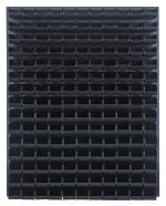 The Quantum Louvered Panel features a uniform grid of black square notches on heavy-duty 16-gauge cold-rolled steel with a gray enamel finish, measuring 48L x 8D x 61H. It boasts a monochromatic geometric design and includes 165 Qus220 black bins. (Mounting hardware not included.).