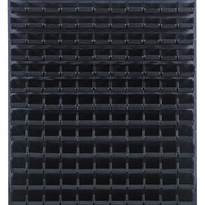 The Quantum Louvered Panel features a uniform grid of black square notches on heavy-duty 16-gauge cold-rolled steel with a gray enamel finish, measuring 48L x 8D x 61H. It boasts a monochromatic geometric design and includes 165 Qus220 black bins. (Mounting hardware not included.).